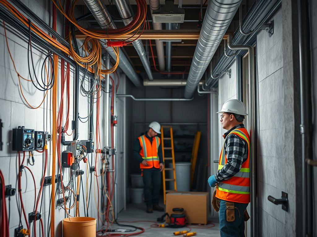 Photo de chantier de bâtiment moderne, avec un électricien, un plombier et un maçon en action, en arrière-plan des travaux de VRD (Voirie et Réseaux Divers) visibles. Ambiance professionnelle, lumière naturelle.