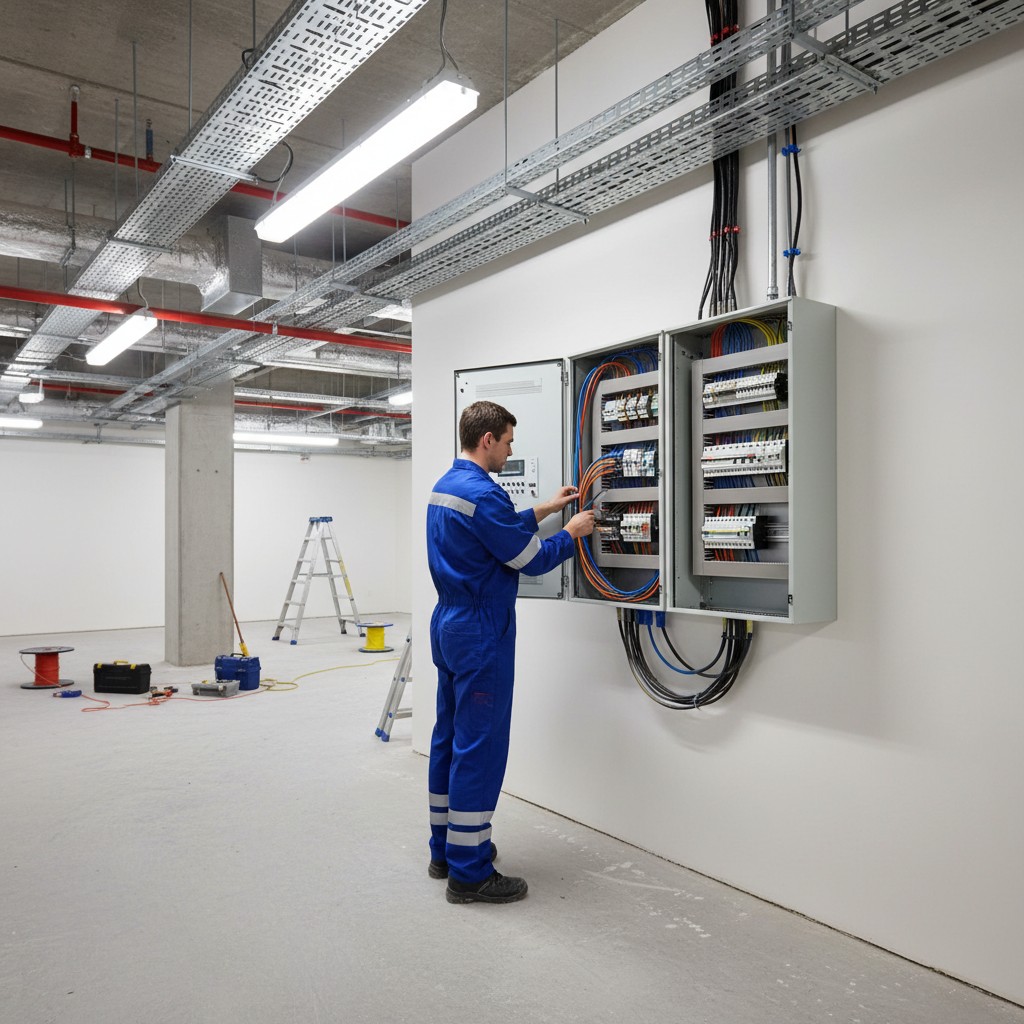 L'électricien est en train de faire fonctionner les boîtes électriques dans le répartiteur.